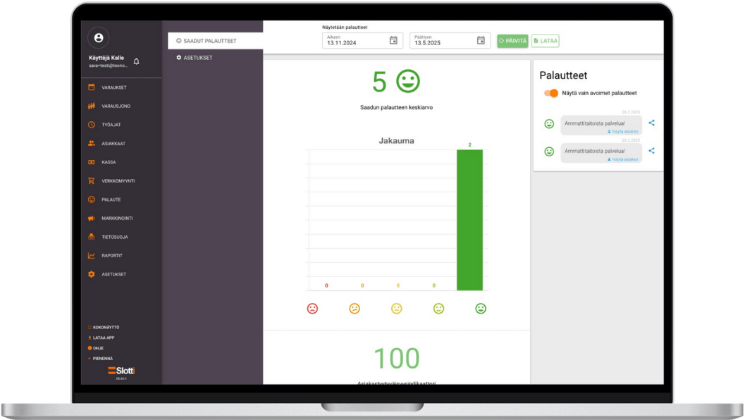 Feedback & Einstellungen auf der Mitarbeiterseite von Slotti auf Laptop-Bildschirm dargestellt